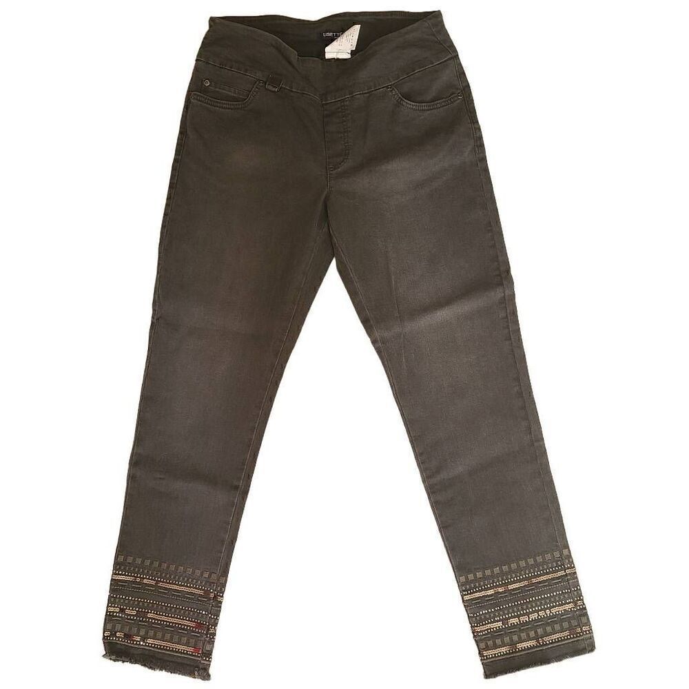 Lisette L Montreal Womens Charcoal Gray Embroidered Crystal Hem Denim Jeans